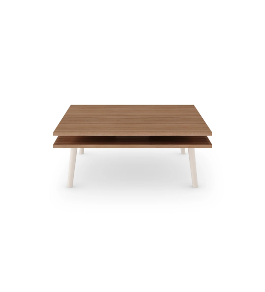 Table basse Oslo carrée, 2 plateaux en noyer et pieds laqués perle, 90 x 90 cm.