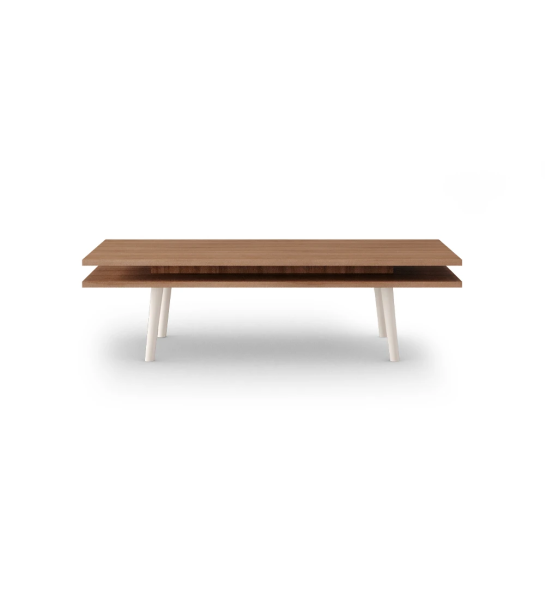 Mesa de centro Oslo rectangular, 2 tapas en nogal y pies lacados perla, 120 x 60 cm.