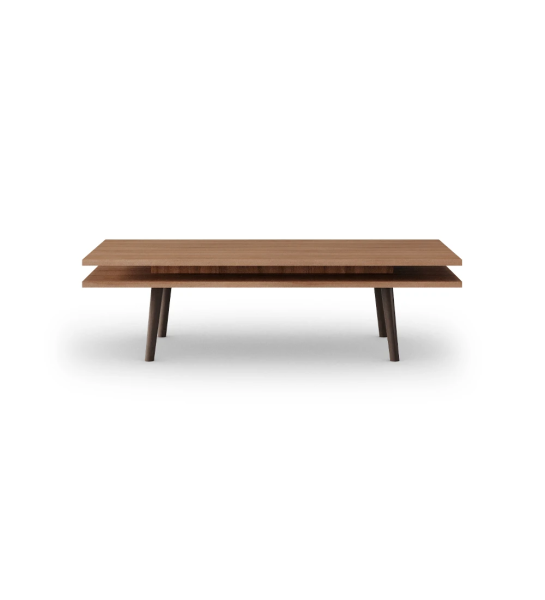 Table basse Oslo rectangulaire, 2 plateaux en noyer et pieds laqués marron foncé, 120 x 60 cm.