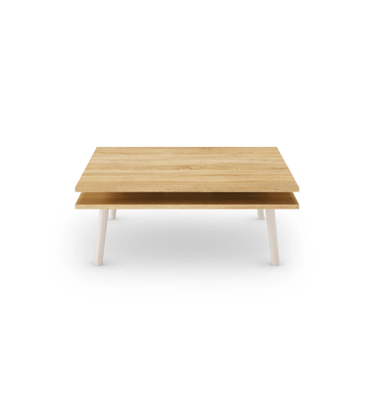 Oslo square center table, 2 natural oak tops and pearl lacquered feet, 90 x 90 cm.