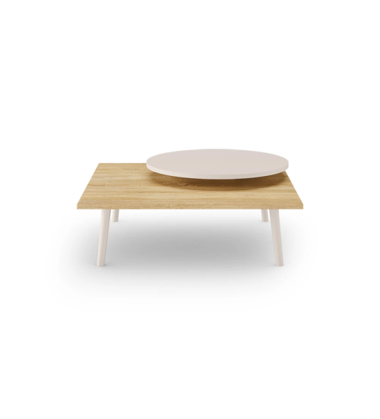 Table basse Oslo carrée, plateau inférieur en chêne naturel, plateau rond et pieds laqués perle, 90 x 90 cm.