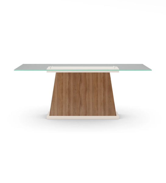 Mesa de jantar Oslo retangular 200 x 98 cm, tampo de vidro, pé central em nogueira e base lacada a pérola.