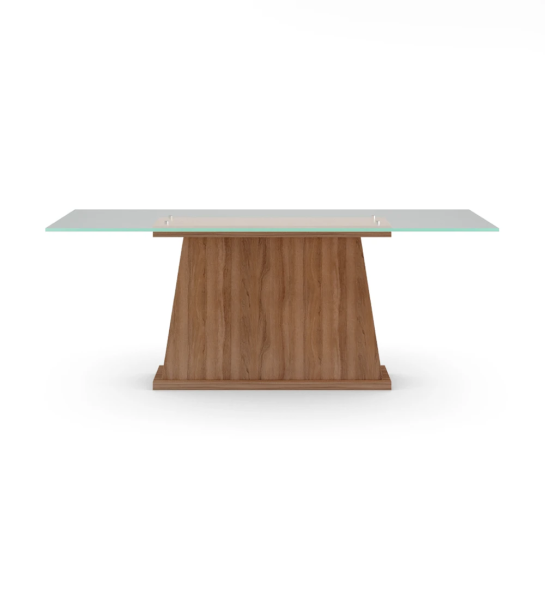 Mesa de comedor Oslo rectangular 200 x 98 cm, tapa en cristal, pie central en nogal.
