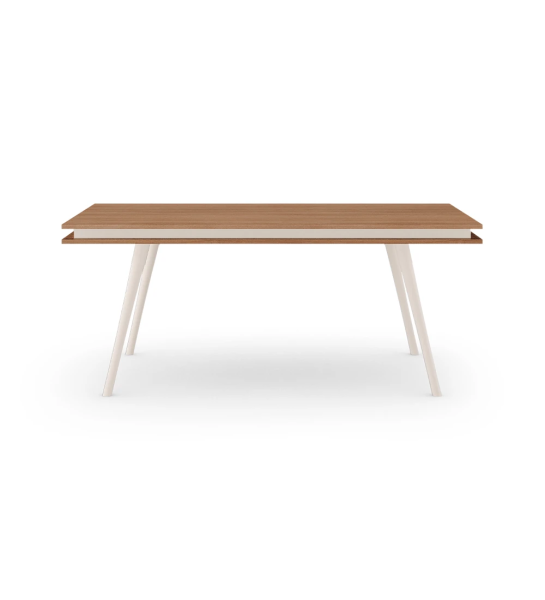 Mesa de comedor Oslo rectangular 180 x 100 cm, tapa en nogal y pies lacados perla.