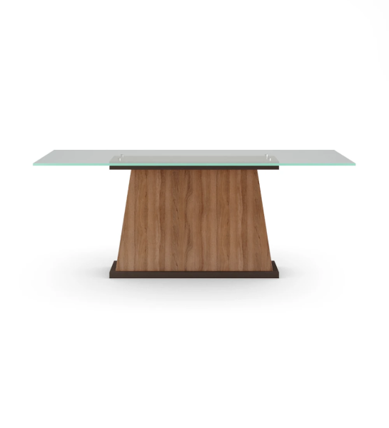 Mesa de comedor Oslo rectangular 200 x 98 cm, tapa en cristal, pie central en nogal y base lacada en marrón oscuro.