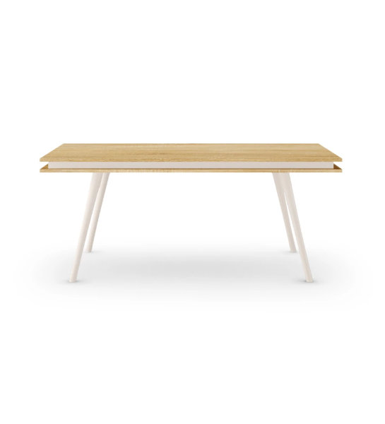 Oslo rectangular dining table 180 x 100 cm, natural oak top and pearl lacquered feet.