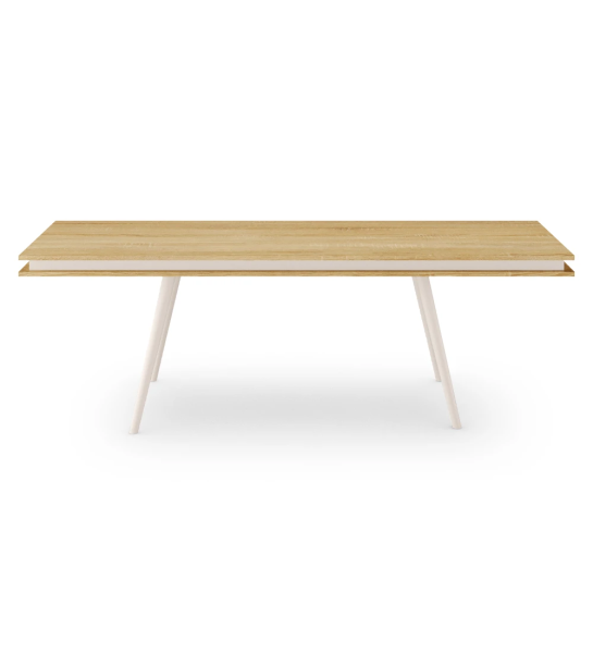 Mesa de comedor Oslo rectangular 240 x 100 cm, tapa en roble natural y pies lacados perla.