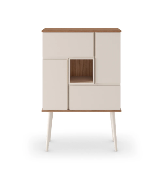 Mueble bar Oslo con estructura en nogal, puertas, módulo y pies lacados perla, 92 x 141,2 cm.