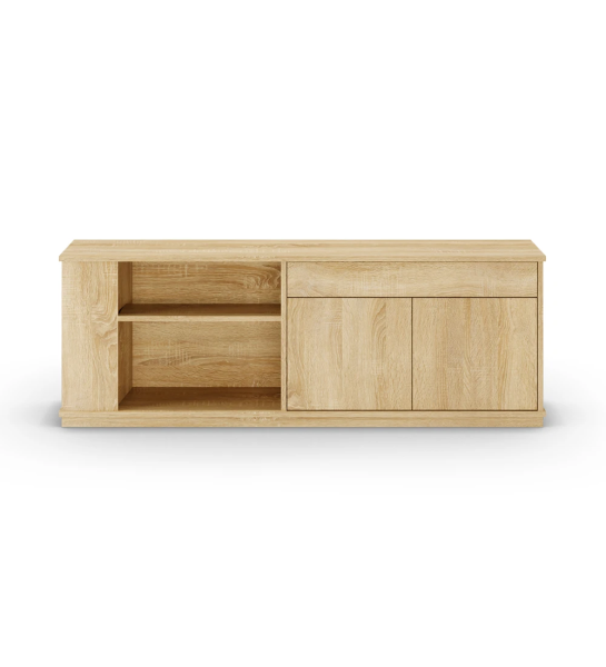 Meuble latéral Oslo en chêne naturel, avec 2 portes, 1 tiroir et étagères, 180 x 64 cm.