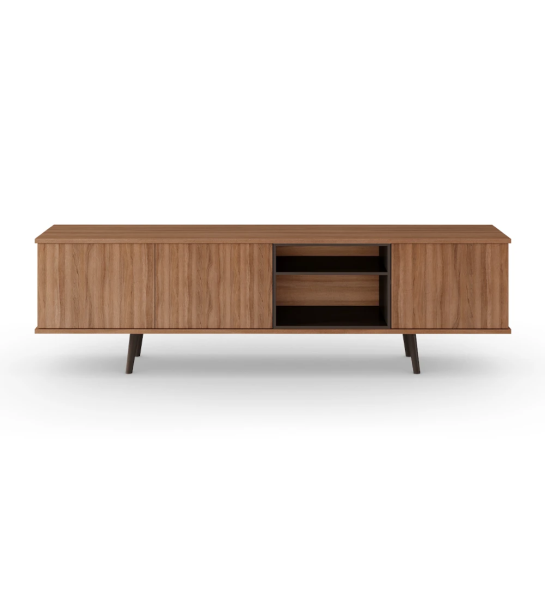Meuble TV Oslo 3 portes et structure en noyer, module et pieds laqués marron foncé, 200 x 58,8 cm.