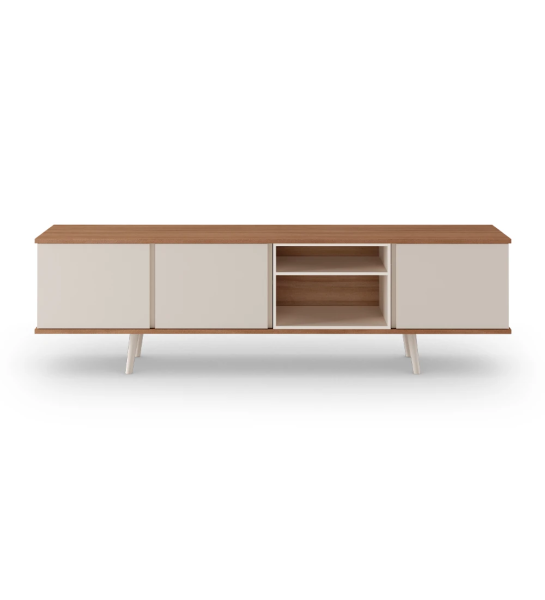 Oslo TV stand 3 doors, module and feet lacquered in pearl, walnut structure, 200 x 58,8 cm.
