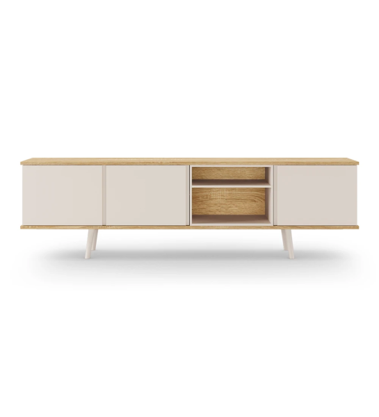 Oslo TV stand 3 doors, module and feet lacquered in pearl, structure in natural oak, 200 x 58,8 cm.