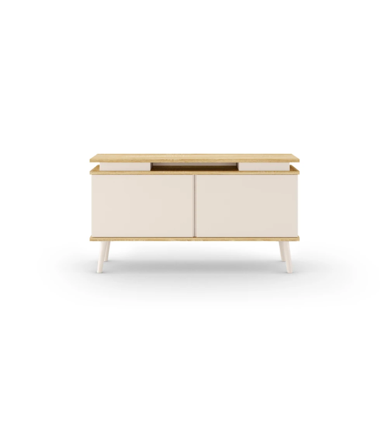 Meuble TV Oslo 2 portes et pieds laqués perle, structure en chêne naturel, 120 x 58,8 cm.