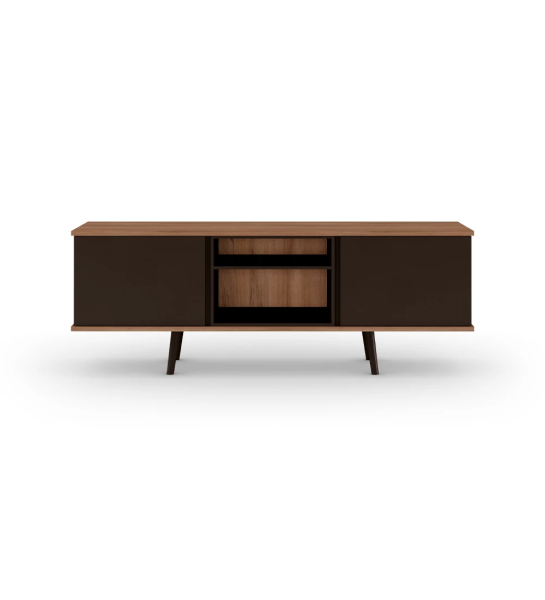 Meuble TV Oslo 2 portes, module et pieds laqués marron foncé, structure en noyer, 160 x 58,8 cm.