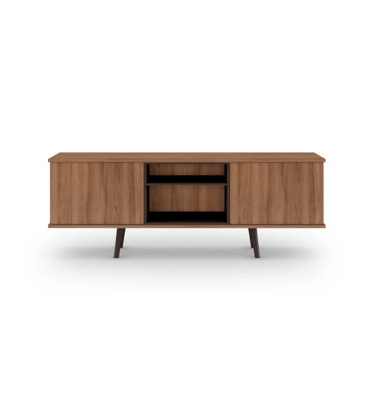 Mueble TV Oslo 2 puertas y estructura en nogal, módulo y pies lacados marrón oscuro, 160 x 58,8 cm.