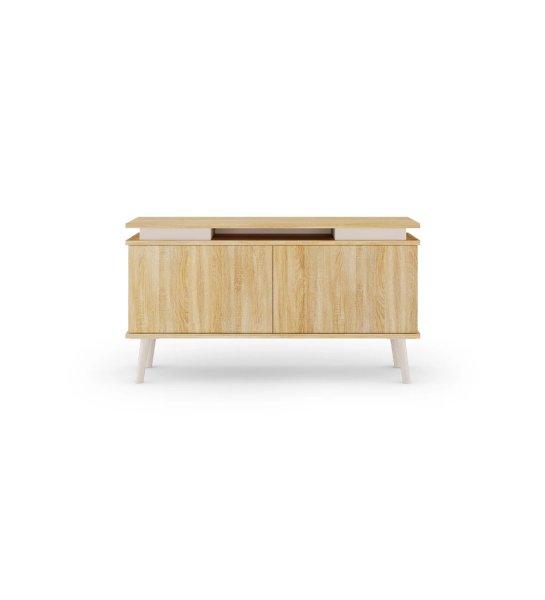 Meuble TV Oslo 2 portes et structure en chêne naturel, pieds laqués perle, 120 x 58,8 cm.