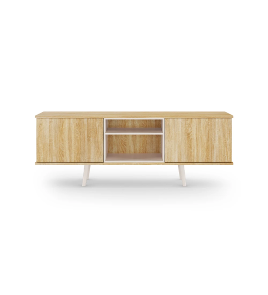 Meuble TV Oslo 2 portes et structure en chêne naturel, module et pieds laqués perle, 160 x 58,8 cm.