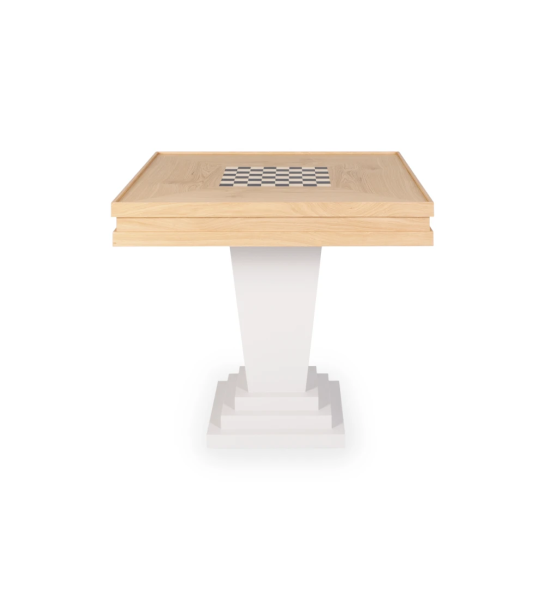 Mesa de juego Oporto tapa en roble natural, pie lacado perla, 90 x 90 cm.