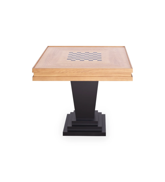 Mesa de juego Oporto tapa en roble miel, pie lacado negro, 90 x 90 cm.
