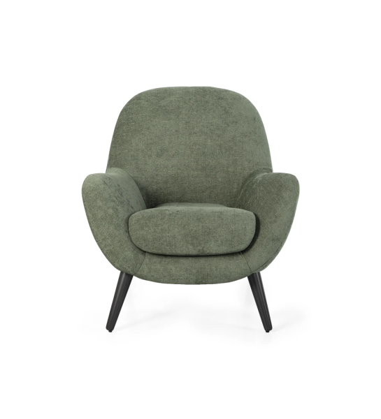 Fauteuil Oslo recouvert en tissu vert, pieds laqués marron foncé.