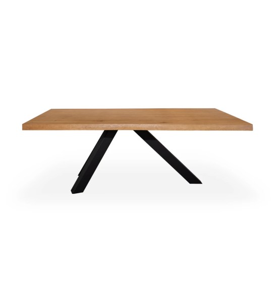 Table de repas rectangulaire Oporto 220 x 100 cm, plateau en cœur de frêne, pieds en métal laqué anthracite.