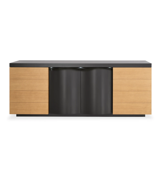 Aparador con 2 puertas laterales de roble miel y 2 puertas centrales y estructura lacadas en negro, con un cajón para cubiertos.