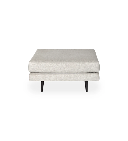 Oslo square puff, upholstered in light grey fabric, dark brown lacquered feet, 95 x 95 cm.