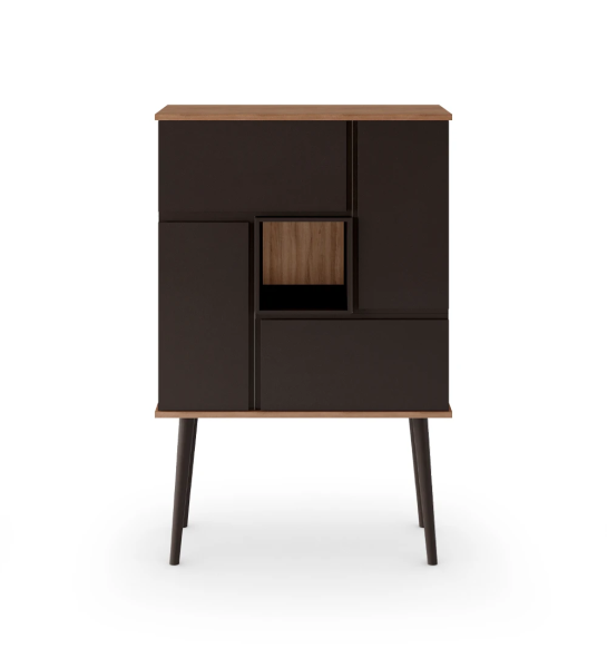 Meuble bar Oslo avec structure en noyer, portes, module et pieds laqués marron foncé, 92 x 141,2 cm.