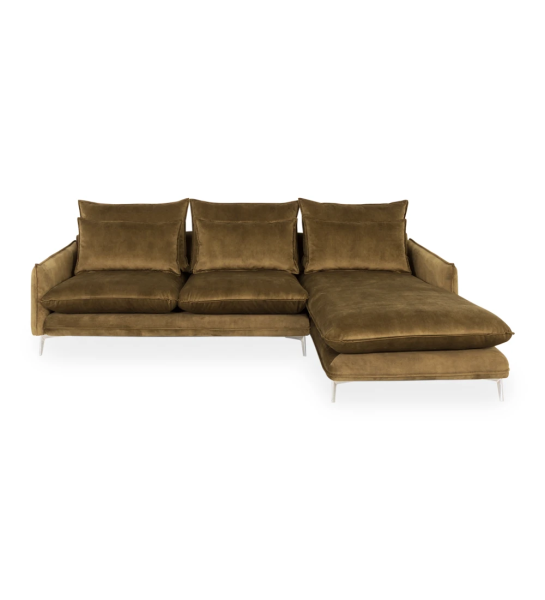 Sofá Veneza 2 lugares e chaise longue direita, estofado a tecido verde, pés metálicos, 259 cm.