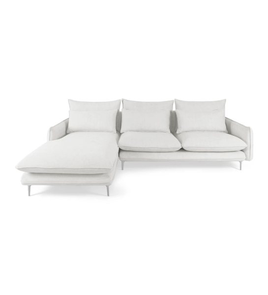 Canapé Veneza 2 places et chaise longue gauche, recouvert en tissu perlé, pieds en métal, 259 cm.