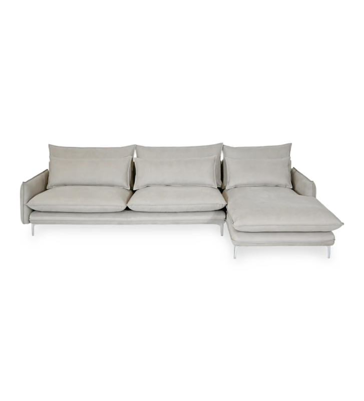 3 seater sofa with chaiselongue, upholstered in fabric and metallic feet.