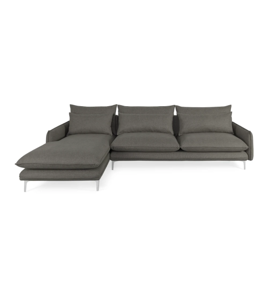 Sofá Veneza 3 plazas y chaise longue izquierda, tapizado en tela gris, pies en metal, 302 cm.