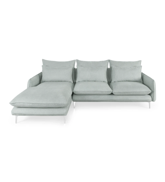 Veneza 2-seater sofa and left chaise longue, upholstered in water green fabric, metal feet, 259 cm.