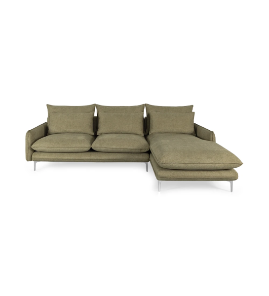 Canapé Veneza 2 places et chaise longue droite, recouvert en tissu vert, pieds en métal, 259 cm.