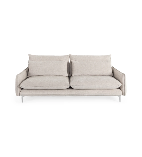 Canapé Veneza 3 places recouvert en tissu beige, pieds en métal, 220 cm.
