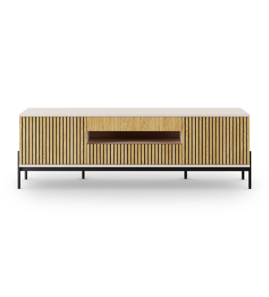 Meuble TV Cannes 2 portes et 2 tiroirs en chêne naturel, structure perlée et pieds en métal laqué noir avec niveleurs, 200 x 64,5 cm.