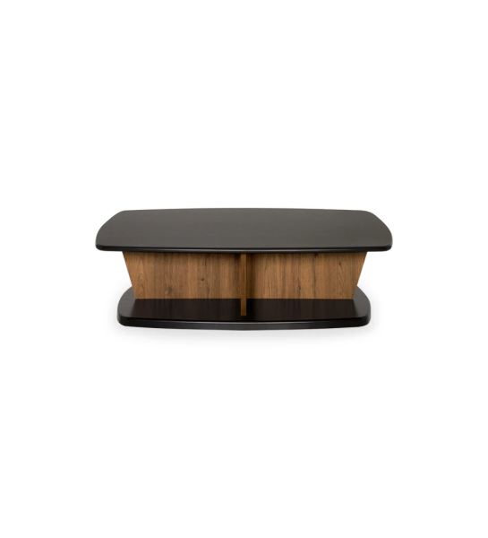 Veneza rectangular center table, aged oak structure, black lacquered top and foot, 110 x 70 cm.