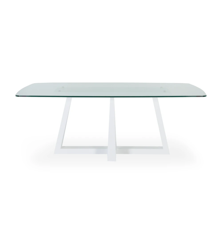 Rectangular dining table with glass top and pearl lacquered center foot.