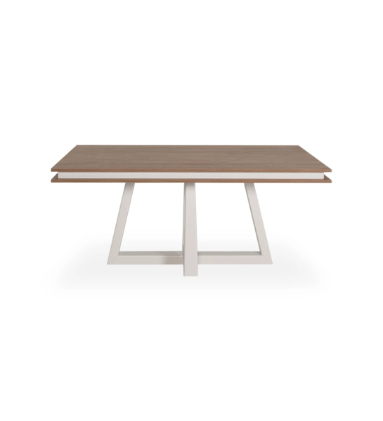 Mesa de comedor rectangular extensible con tablero de roble envejecido, pie central lacado perla.