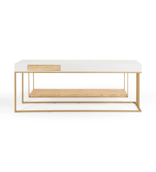 Double-sided console, with drawer on each side and shelf in natural oak, pearl lacquered structure and golden lacquered metal foot.