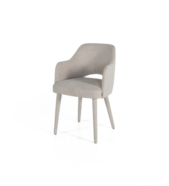 Chair with armrests upholstered in fabric.