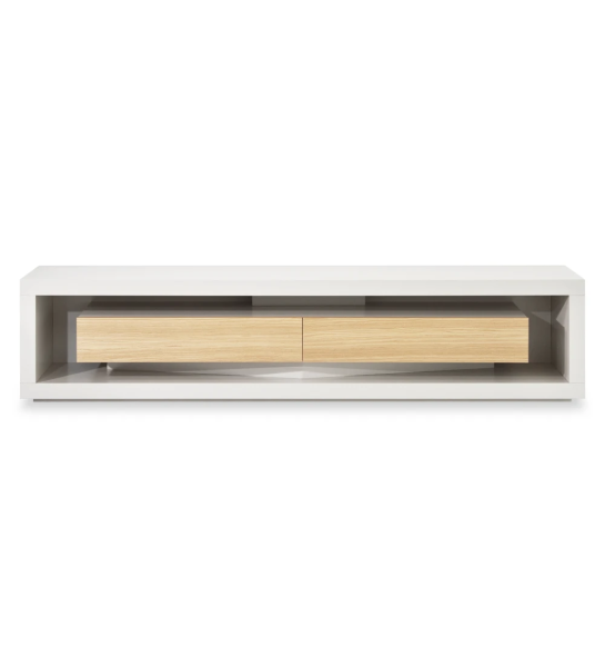 Meuble TV Londres structure et module tiroirs laquée perle, tiroirs en chêne naturel, 250 x 56 cm.