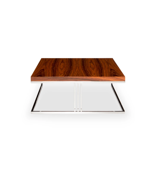 Londres square center table, high gloss palissander top, stainless steel foot, 90 x 90 cm.
