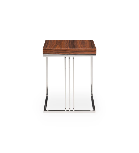Mesa de apoio Londres quadrada, tampo em palissandro alto brilho, pé em inox, 40 x 40 cm.