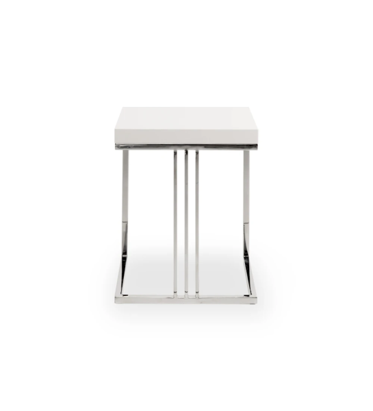 Table d'Appui Londres carrée, plateau laqué perle, pied inox, 40 x 40 cm.
