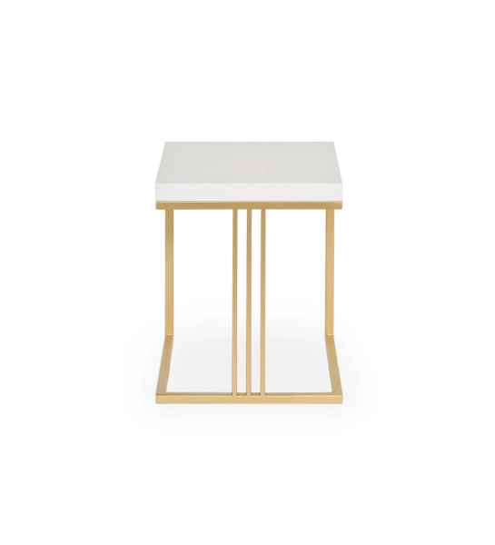 Mesa de apoio Londres quadrada, tampo lacado a pérola, pé metálico lacado a dourado, 40 x 40 cm.