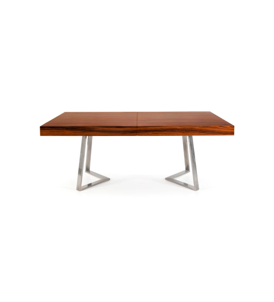 Mesa de comedor rectangular extensible con tablero de palisandro alto brillo y pie de acero inoxidable.