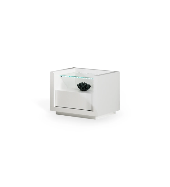 Mesita de noche con 1 cajón, en lacado blanco, con estante de cristal.