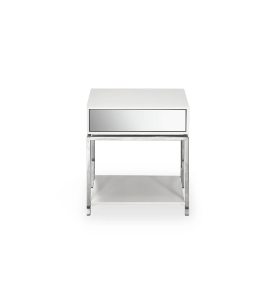 Table de chevet à 1 tiroir avec façade en miroir, structure laquée perle, avec pied en acier inoxydable.