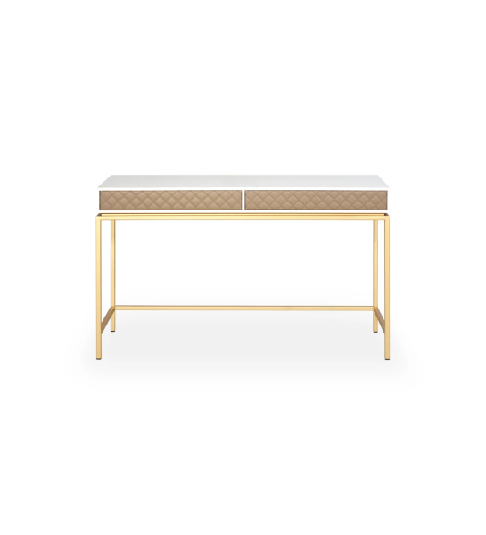 Dressing table with 2 drawers with fabric fronts, pearl lacquered frame and gold lacquered metal feet.